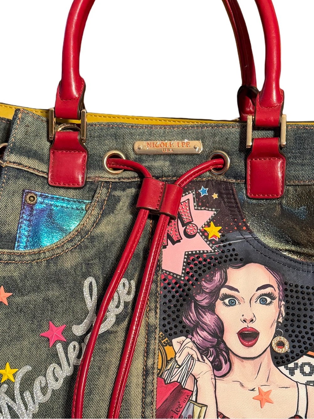 Nicole Lee Pre-Loved Fun Denim Retro Bling Pop-Art Tote with Red Handles (P248) - Picture 2 of 12